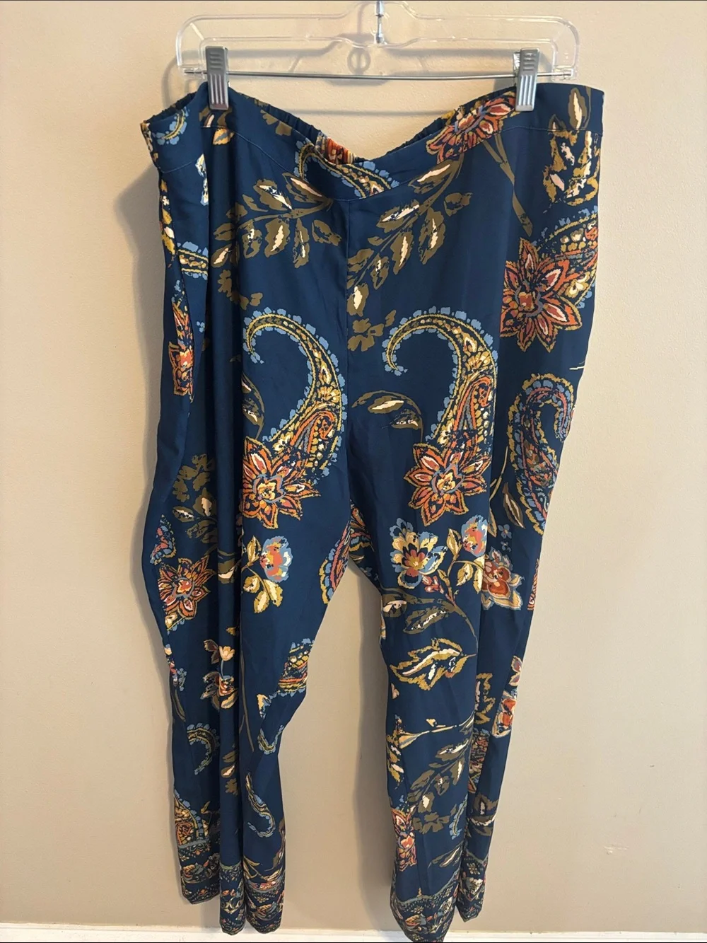 Soft Surroundings Medina Pants Womens 1X Navy Blue Paisley Floral Boho